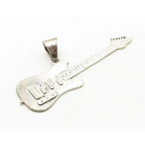 925 Sterling Silver Vintage Shiny Etched Electric Guitar Pendant PT10336
